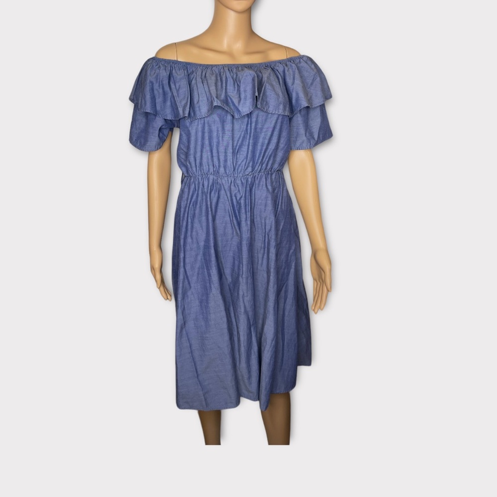 Impulsive blue denim scoop neck ruched trim overlay short sleeve dress 2X (s19)